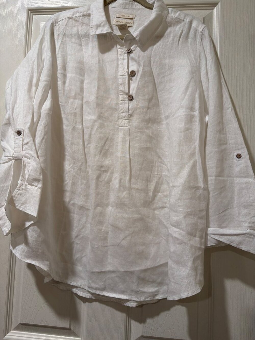 Cynthia Rowley White Linen Button-Up Shirt With Roll-Tab Sleeves Size 1X Lightwe